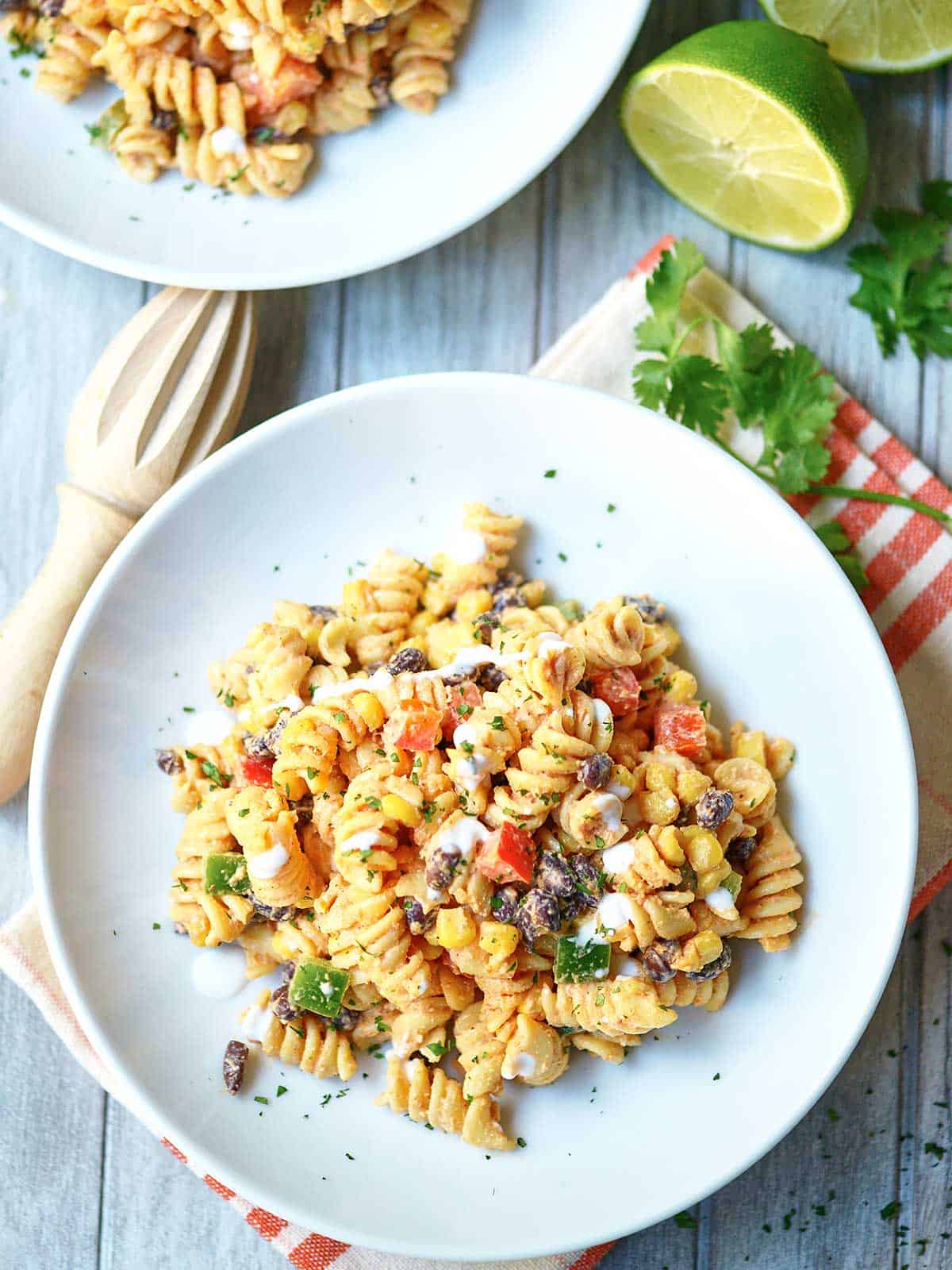 Mexican pasta salad on plate above