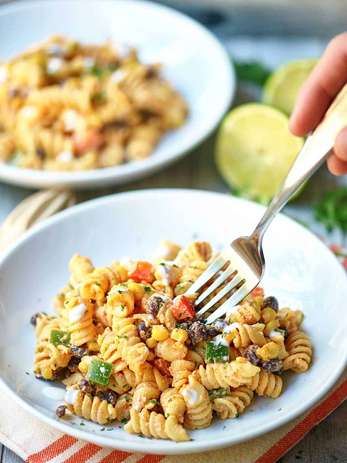 Plate of Mexican pasta salad with fork