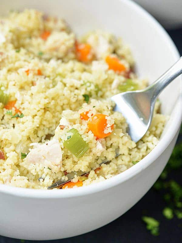 closeup of chicken bacon couscous