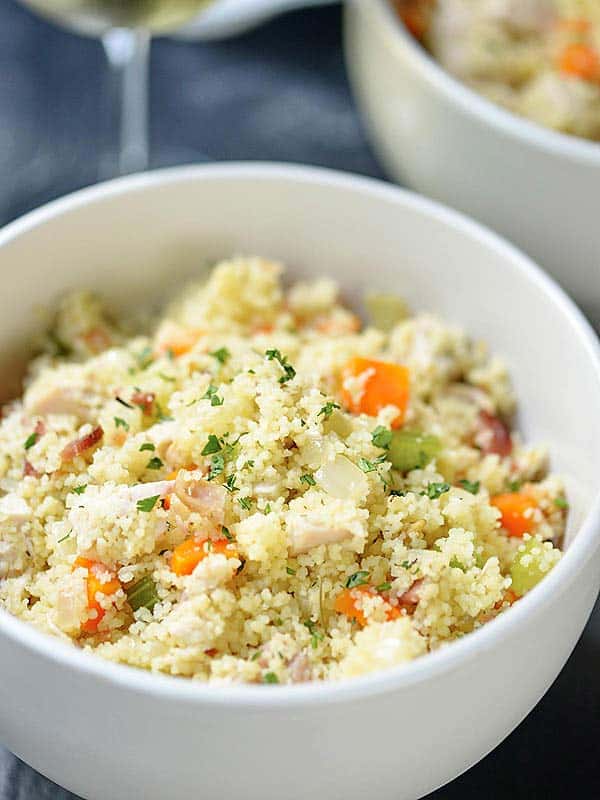 bowl of one pot chicken bacon couscous