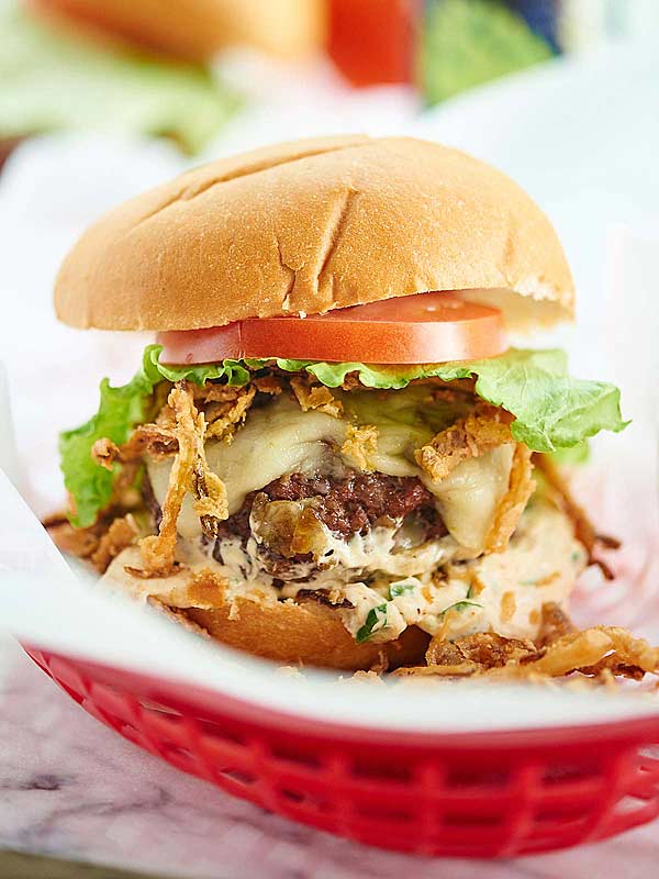 burger on bun in basket