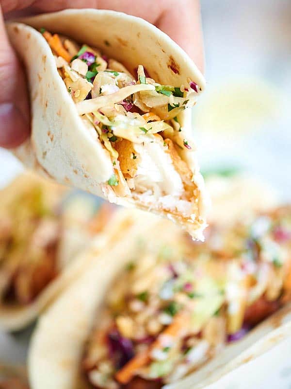 Beer Battered Fish Tacos - Fried Cod Tacos w/ Asian Slaw