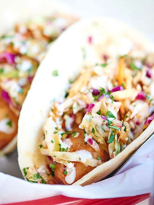 beef battered fish taco closeup