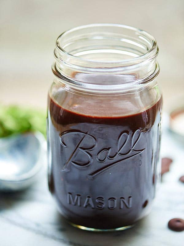 mason jar of hot fudge sauce