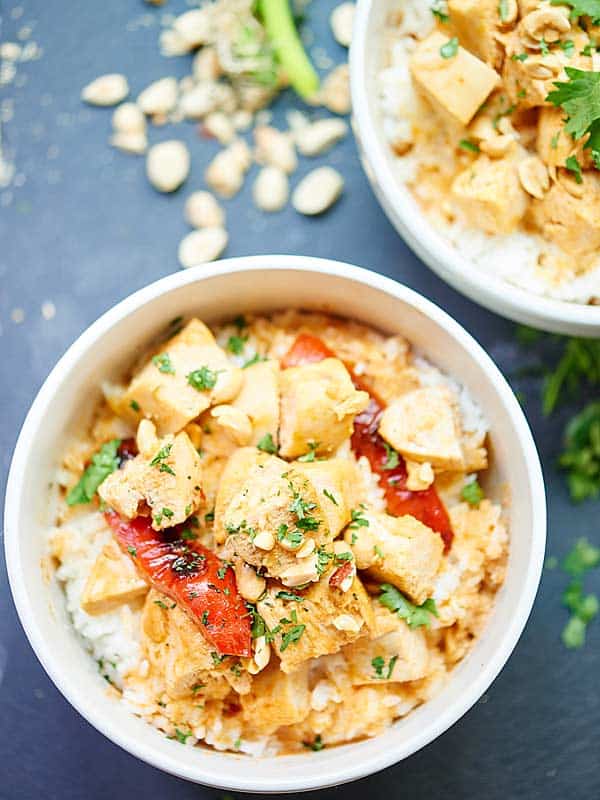 This Crockpot Thai Chicken Curry is healthy, tasty, & only takes one dish & five minutes to put together! 3 hours of cook time & you've got one yummy meal! showmetheyummy.com #crockpot #slowcooker