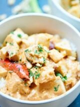This Crockpot Thai Chicken Curry is healthy, tasty, & only takes one dish & five minutes to put together! 3 hours of cook time & you've got one yummy meal! showmetheyummy.com #crockpot #slowcooker #thai #chickencurry