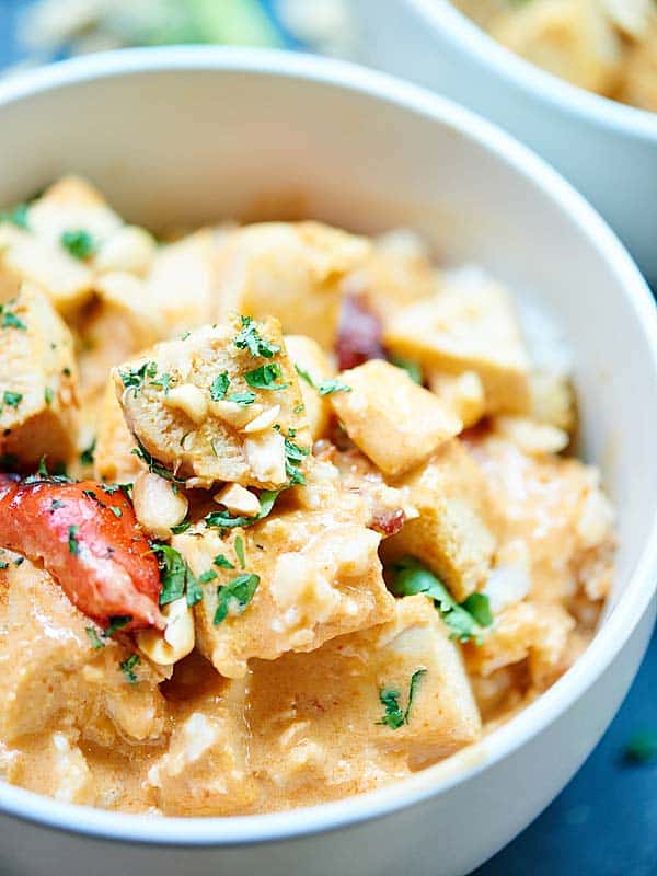 This Crockpot Thai Chicken Curry is healthy, tasty, & only takes one dish & five minutes to put together! 3 hours of cook time & you've got one yummy meal! showmetheyummy.com #crockpot #slowcooker