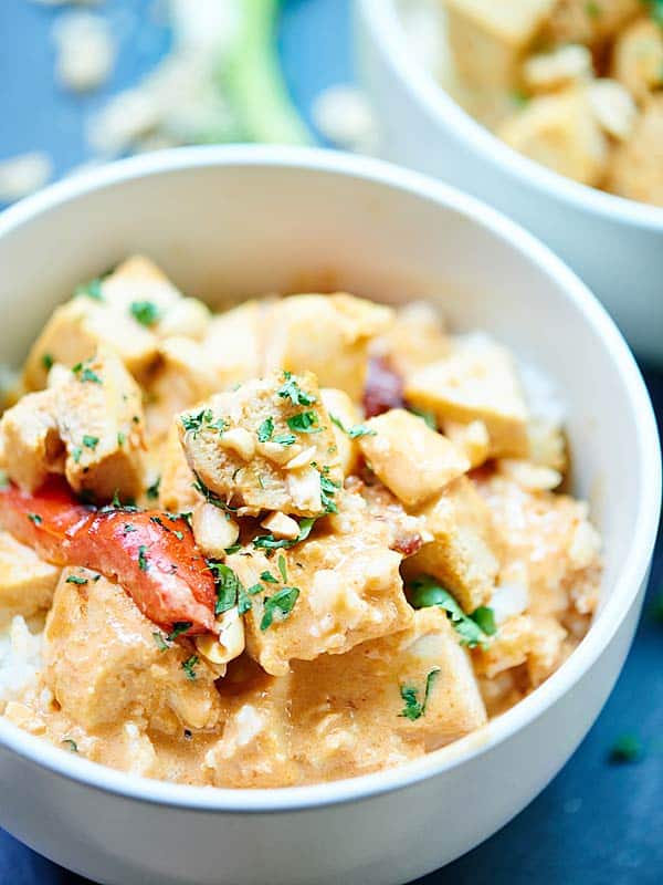 This Crockpot Thai Chicken Curry is healthy, tasty, & only takes one dish & five minutes to put together! 3 hours of cook time & you've got one yummy meal! showmetheyummy.com #crockpot #slowcooker