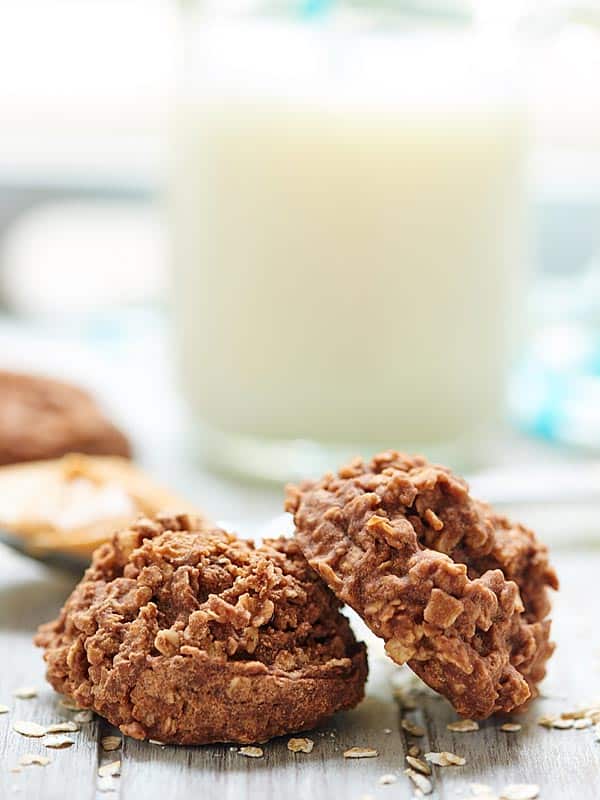 two no bake cookies, one leaning on another