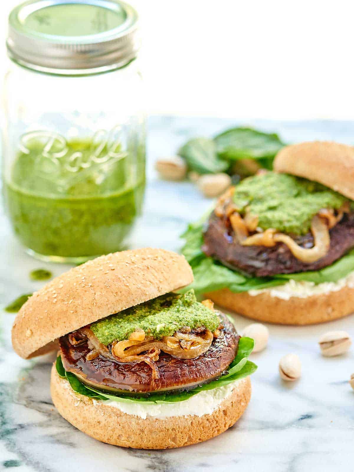 Portobello Mushroom Burger with Homemade Pistachio Pesto!