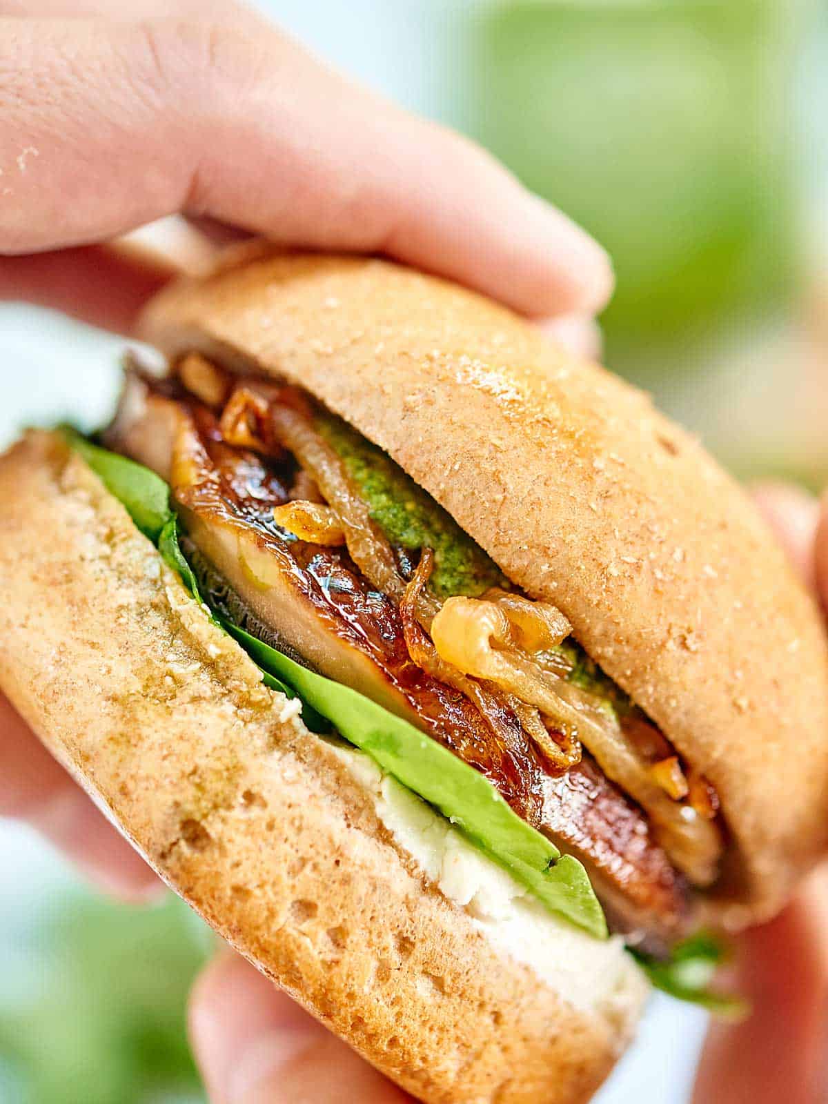 Portobello Mushroom Burger with Homemade Pistachio Pesto!