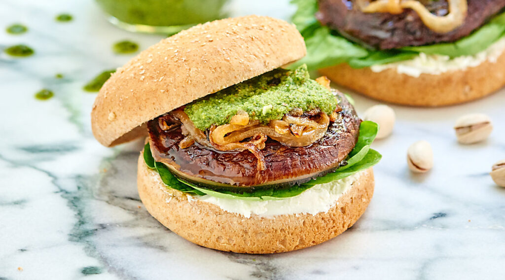 Portobello Mushroom Burger with Homemade Pistachio Pesto!