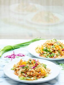 Bring this Thai Chicken Salad to work & you'll have the best lunch there. With so many great textures, fresh flavors, & tangy dressing, you'll never get bored! showmetheyummy.com #salad #healthy