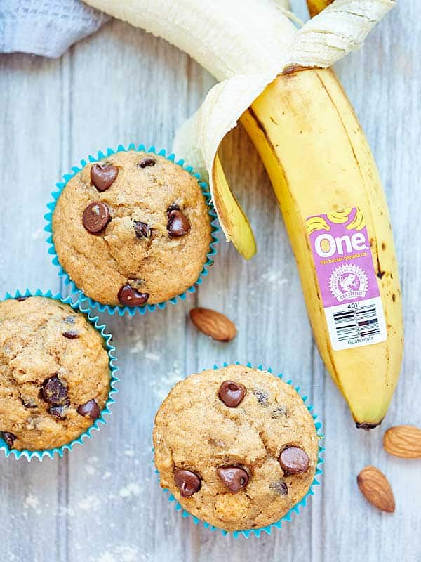 These Vegan Banana Chocolate Chip Muffins are healthy & use natural ingredients like agave, bananas, whole wheat pastry flour, coconut oil & almond milk! showmetheyummy.com #vegan #muffins