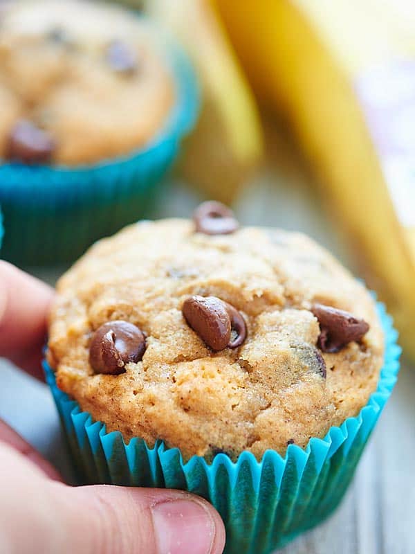 These Vegan Banana Chocolate Chip Muffins are healthy & use natural ingredients like agave, bananas, whole wheat pastry flour, coconut oil & almond milk! showmetheyummy.com #vegan #muffins