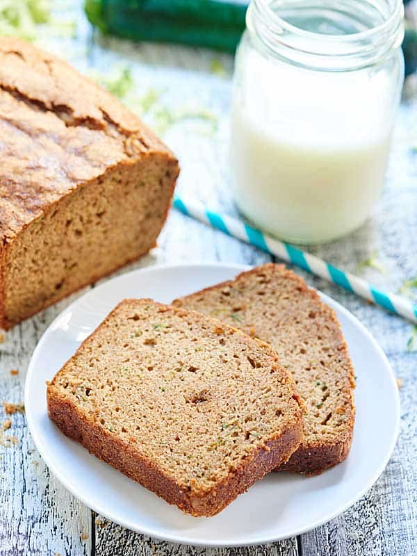 two slices of zucchini bread on plate above