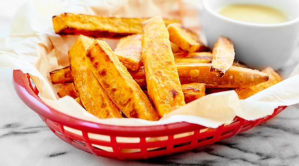 These Baked Sweet Potato Fries are sweet, salty, crispy, and fluffy! These are served w/ 3 sauces: honey mustard, brown sugar marshmallow, & maple vanilla! showmetheyummy.com #sweetpotato #fries