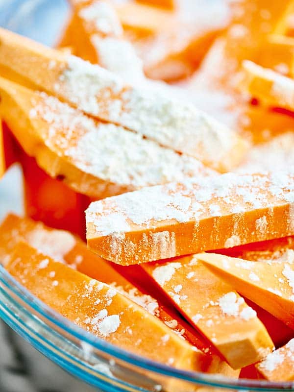 Sweet potato cut and sprinkled with flour