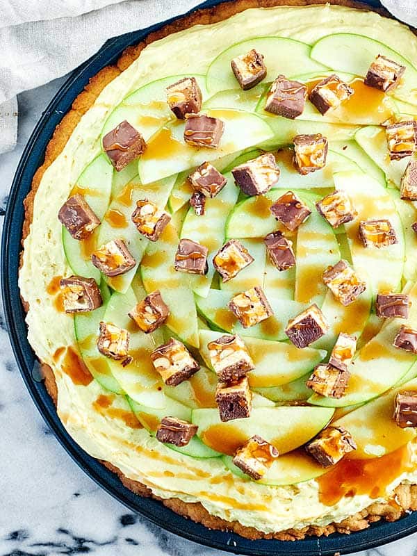 snickers caramel apple dessert pizza above