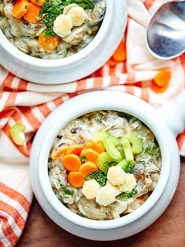 2 bowls of crockpot chicken wild rice soup above