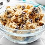 This Eggless Cookie Dough Recipe is safe to eat raw! Theres no flour, we use homemade oat flour instead, & no eggs! Easy edible cookie dough for the win! showmetheyummy.com #cookiedough #dessert