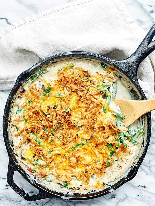 Skillet of green bean casserole above