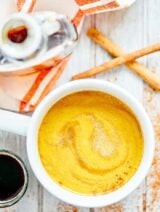 This Maple Pumpkin Spice Latte is easy to make, naturally sweetened, uses real pumpkin, so much cheaper than store-bought, and oh yea, tastes amazing! showmetheyummy.com #pumpkinspicelatte #maple #pumpkin #coffee