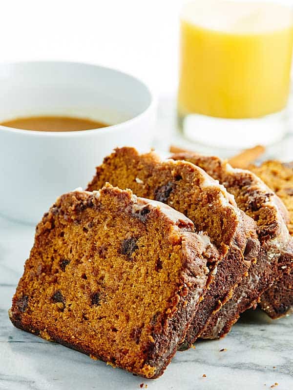 pumpkin bread slices leaning on each other