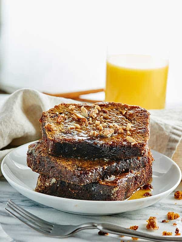 3 pieces of pumpkin french toast stacked