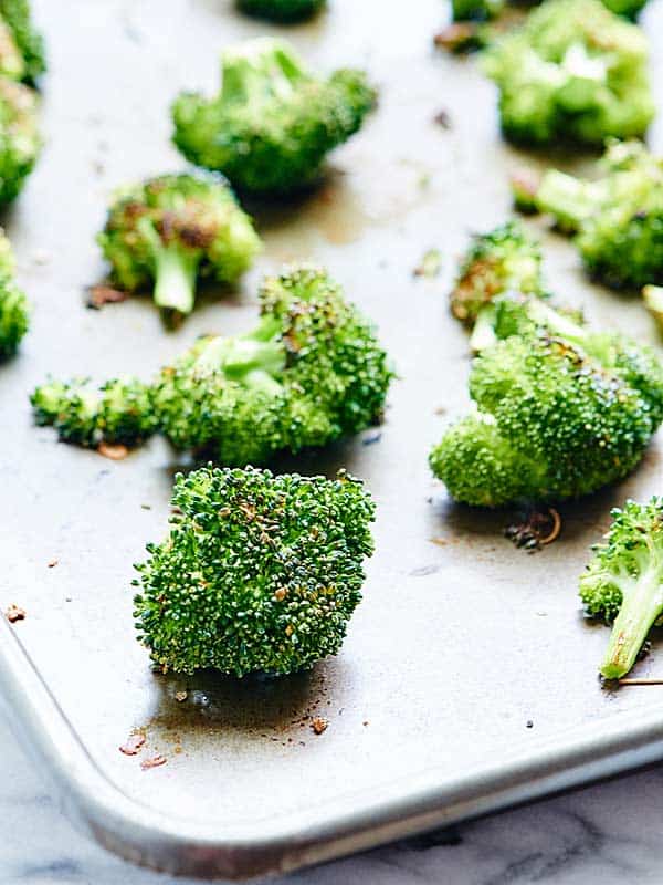roasted broccoli on baking sheet