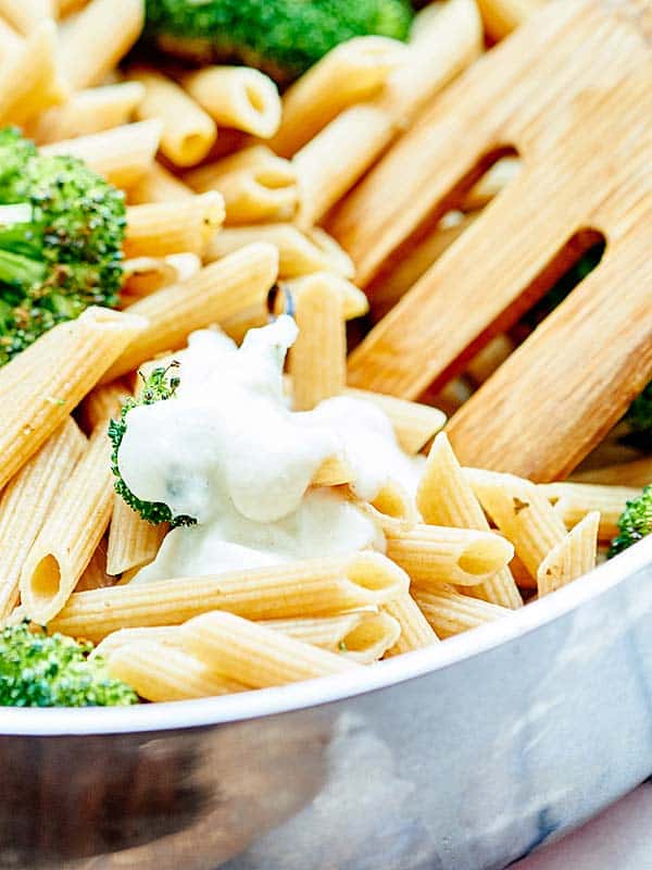 closeup of vegan alfredo in saute pan