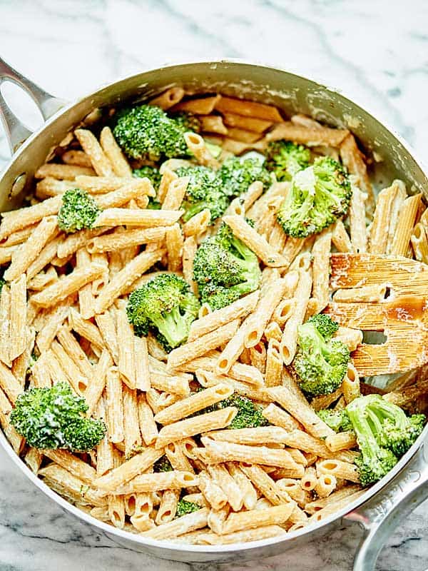 pan of vegan alfredo above