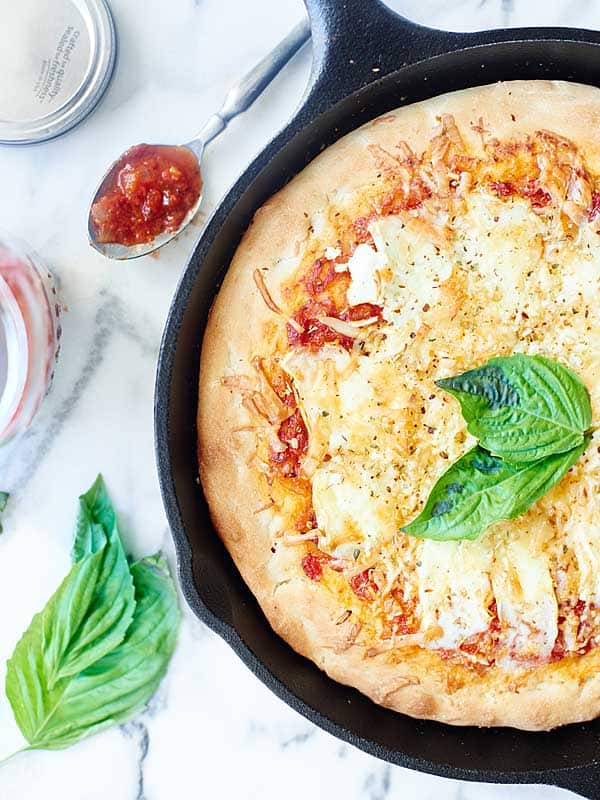 Overhead shot of cheese pizza in skillet