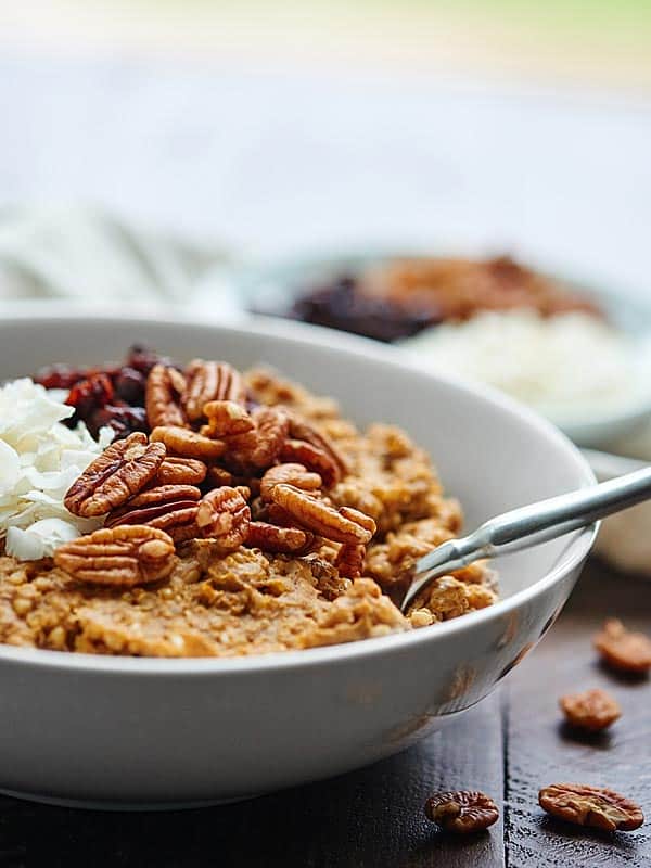 closeup of bowl of oatmeal with pecans, craisins, and coconut