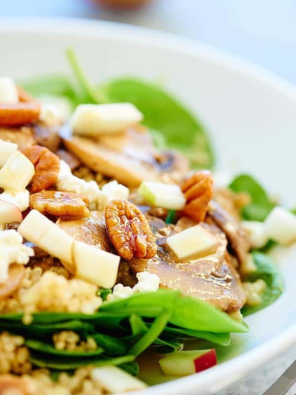 closeup of warm mushroom quinoa salad