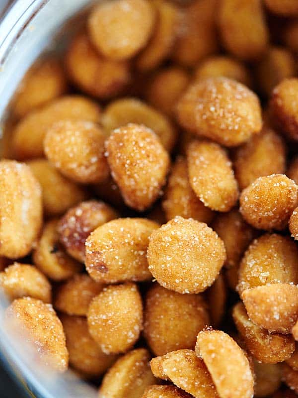 closeup of honey roasted peanuts above