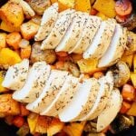 This Roast Chicken with Vegetables is healthy & full of vegetables like butternut squash & brussels sprouts & marinated in apple cider vinegar & honey! Healthy, cozy, and delicious! showmetheyummy.com #healthy #easyrecipe