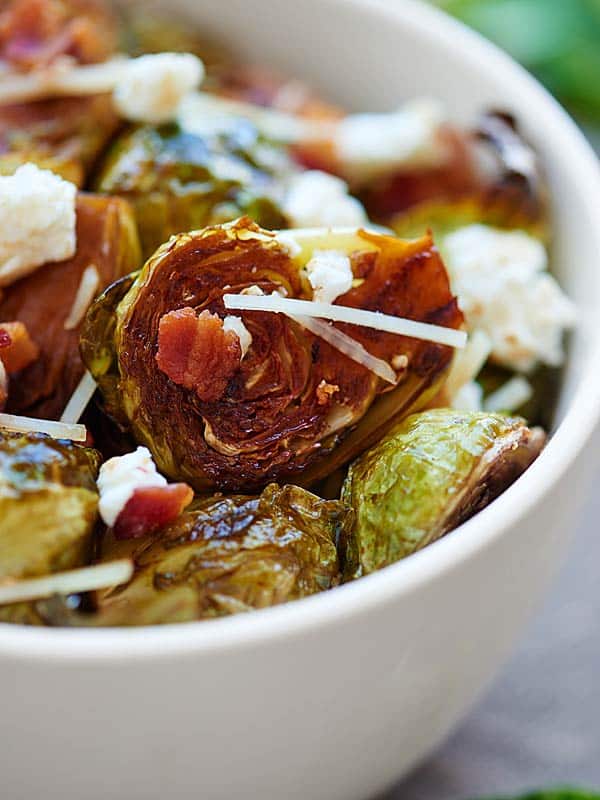 bowl of roasted brussels sprouts up close