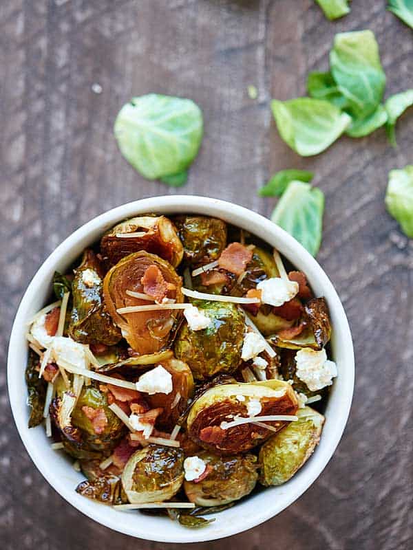 bowl of roasted brussels sprouts overhead