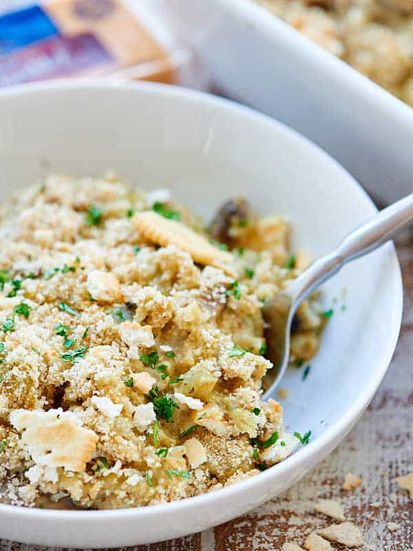 cheesy broccoli rice casserole in bowl