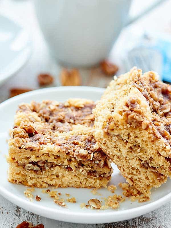 two pieces of coffee cake on plate