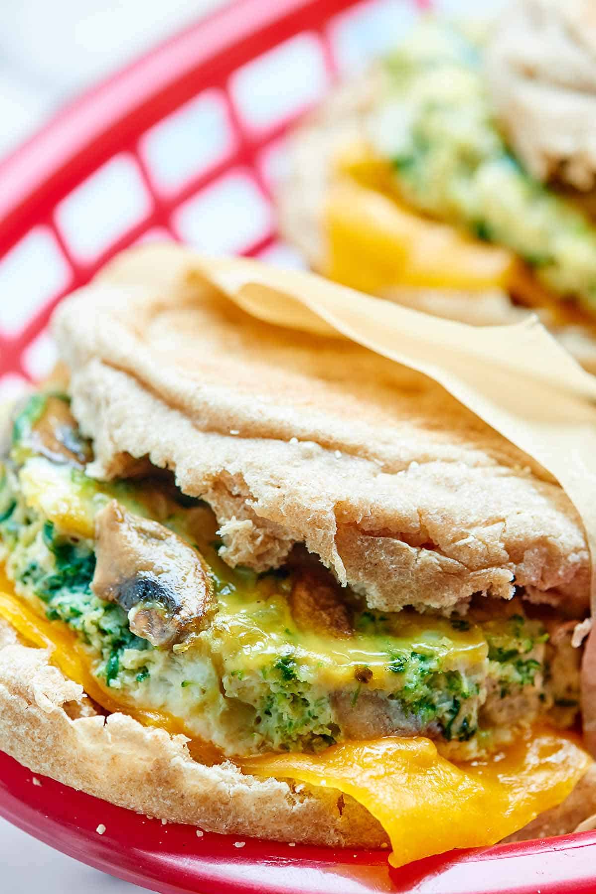 Healthy breakfast sandwich in basket closeup