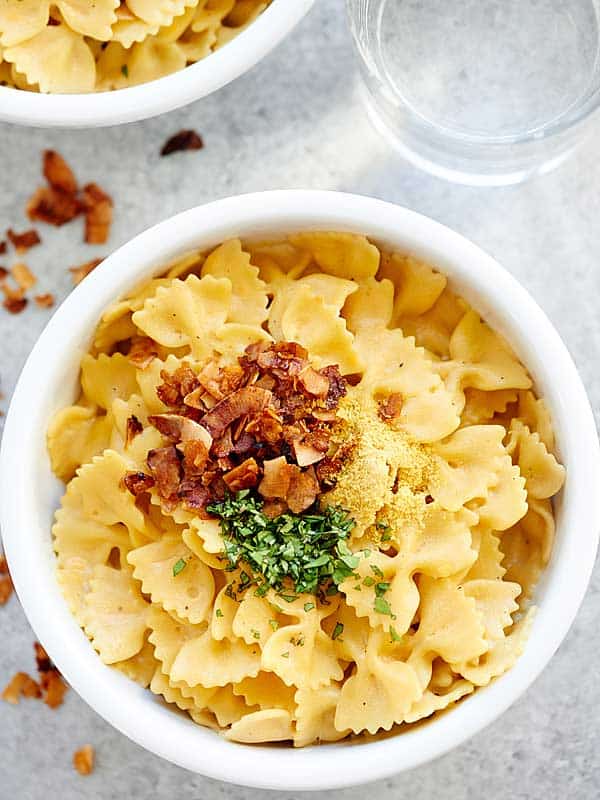 bowl of vegan mac and cheese above