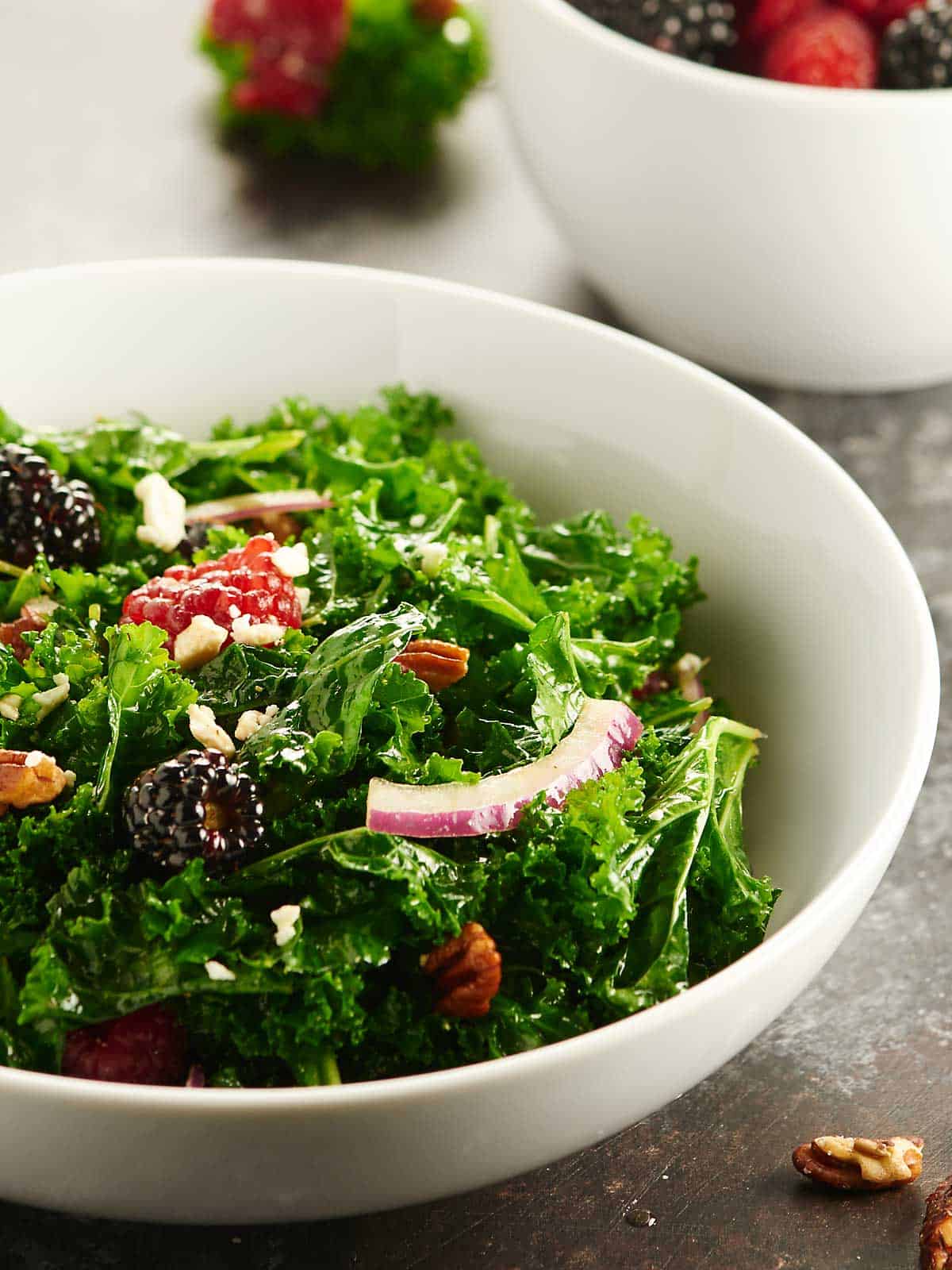 Balsamic Kale Salad Recipe w/ Berries, Feta, and Pecans