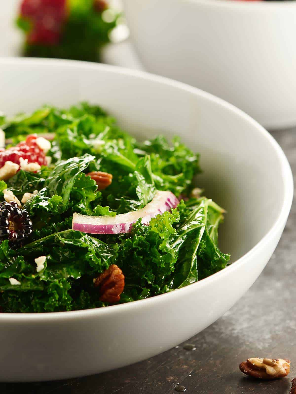 Balsamic Kale Salad Recipe w/ Berries, Feta, and Pecans