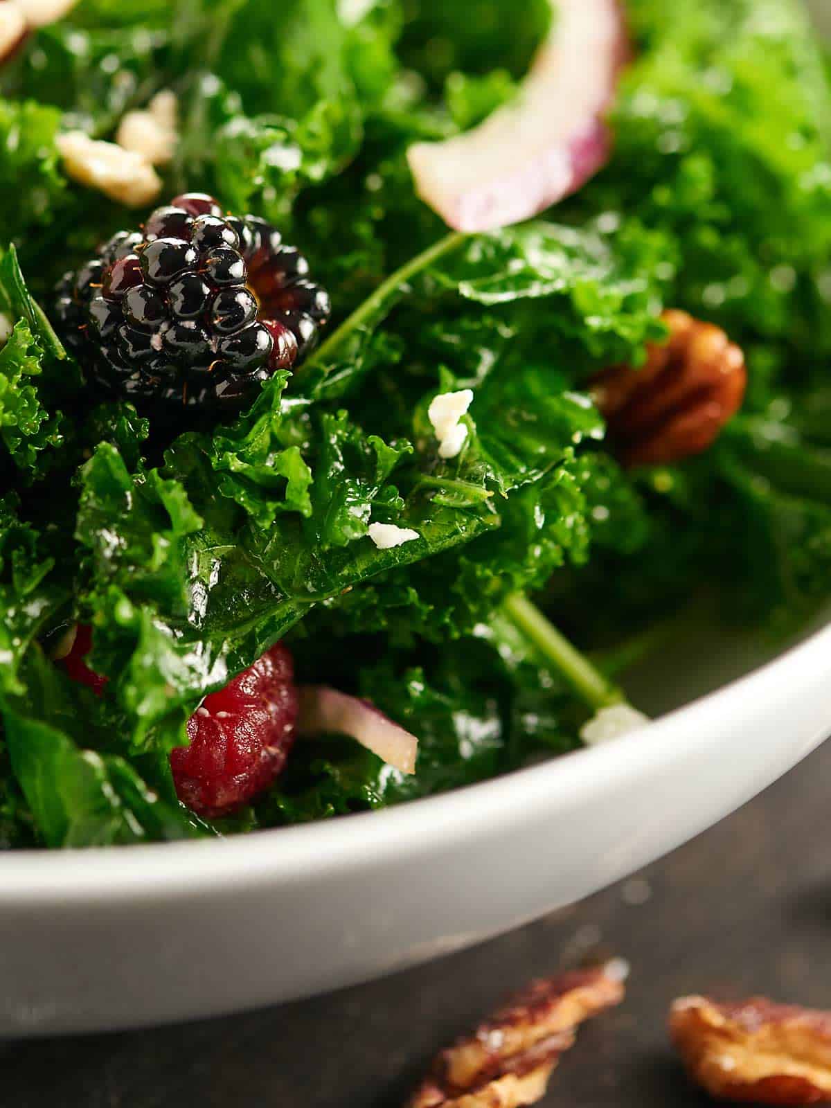 Balsamic Kale Salad Recipe w/ Berries, Feta, and Pecans