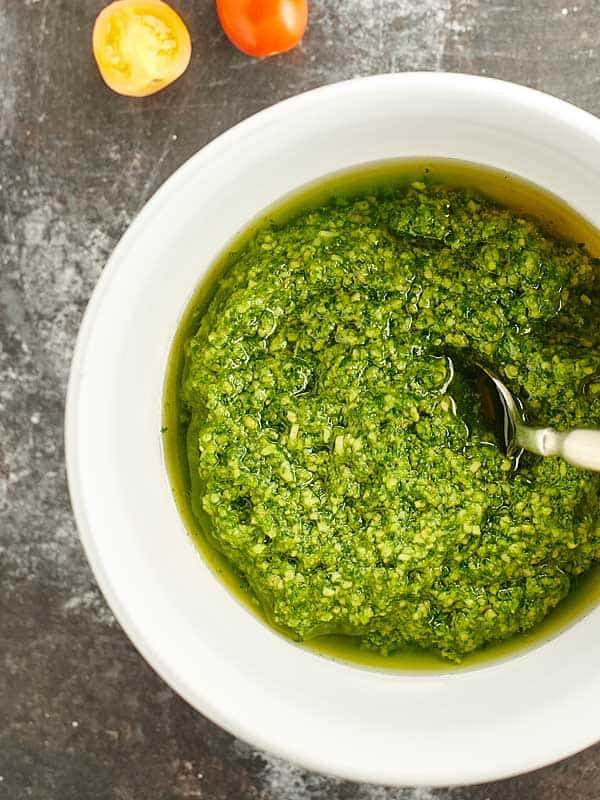 Bowl of pesto above