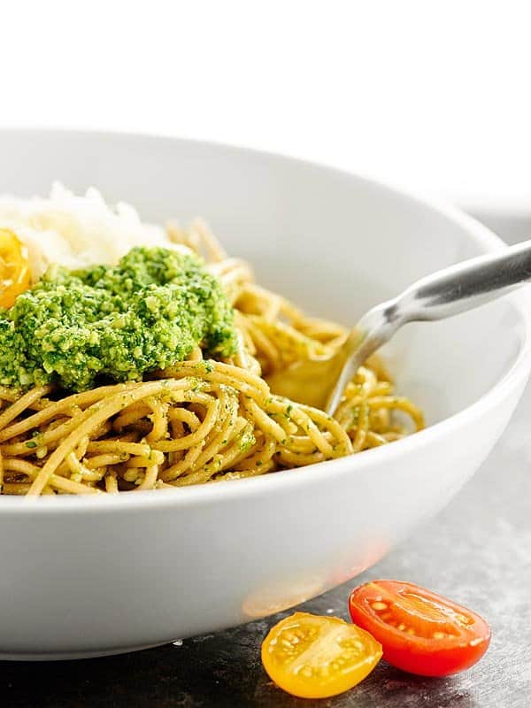Pesto on noodles in bowl