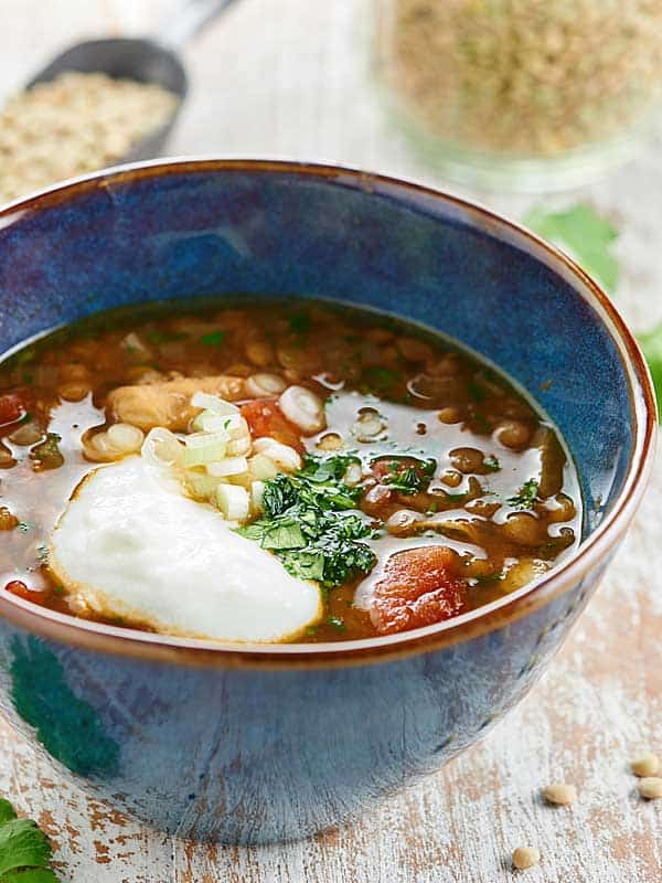Bowl of chicken lentil soup