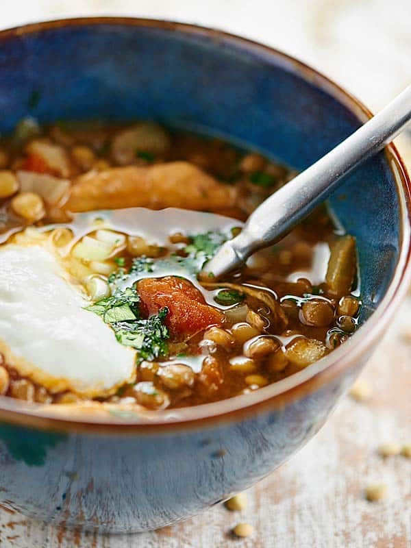 Bowl of slow cooker chicken lentil soup with spoon